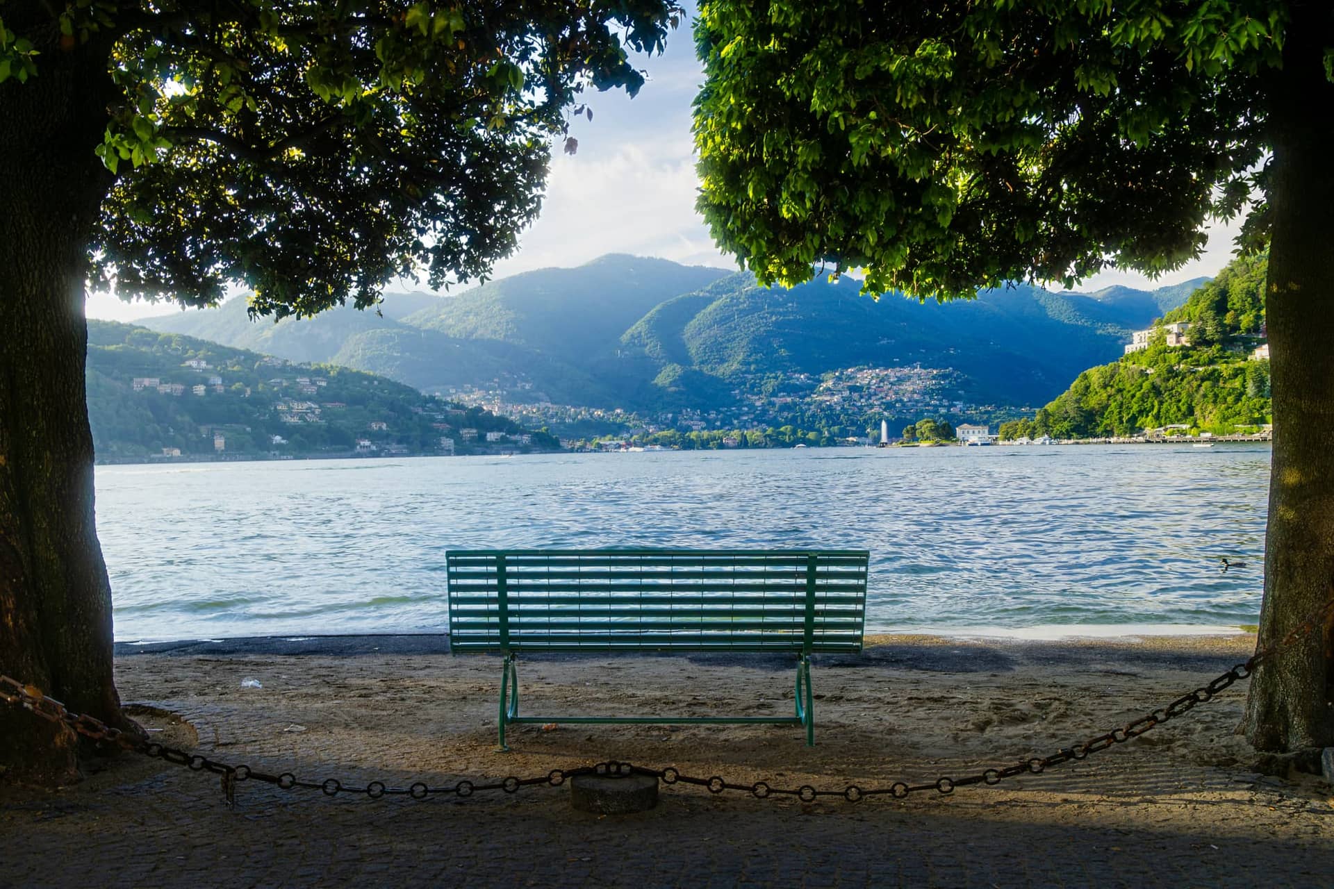 A wooden bench beneath trees overlooking open country